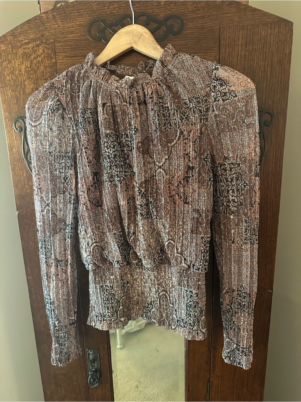 Joie Metallic Brown Scroll Patterned Long-Sleeve Smocked Blouse Size Small Work